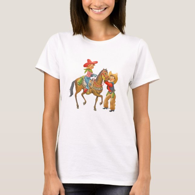 Retro Cowboy and Cowgirl cute vintage children T Shirt (Framsida)