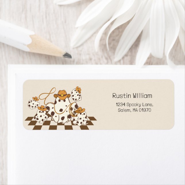 Retro Cowboy Halloween Checkered Mönster Groovy Returadress Etikett (Insitu)