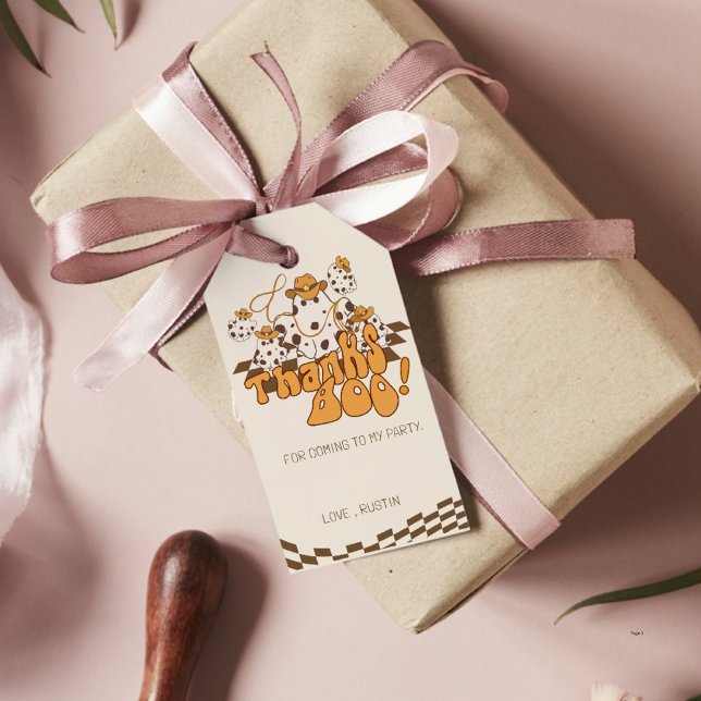 Retro Cowboy Halloween Rutigt Mönster Tack Boo Presentetikett (Skapare uppladdad)