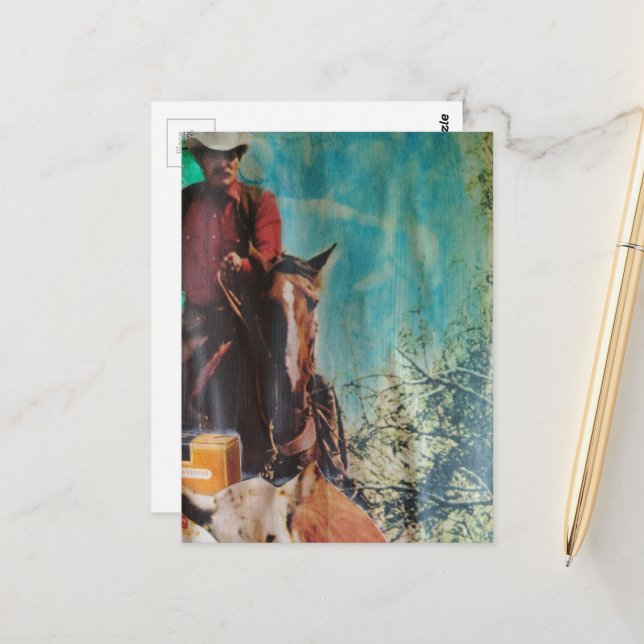 Retro Cowboy Mixed Media Collage Vykort (Fram/Back In Situ)