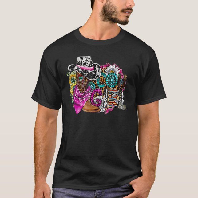 Retro Cowgirl Boots Hat Sunflower Turquoise Wester T Shirt (Framsida)