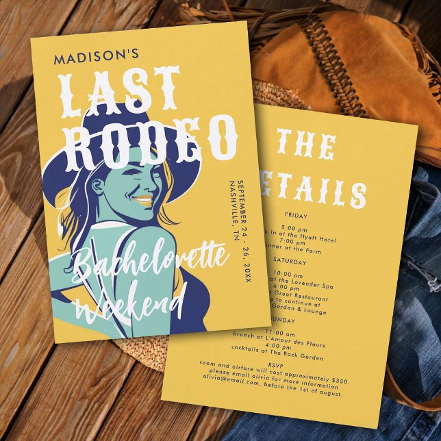 Retro Cowgirl Last Rodeo Glam Gult Bachelorette Inbjudningar (last rodeo bachelorette weekend invitation itinerary retro vintage elegant glam cowgirl yellow blue)