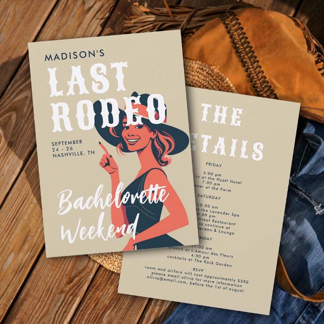 Retro Cowgirl Last Rodeo Glam Linen Bachelorette Inbjudningar (last rodeo bachelorette weekend invitation itinerary retro vintage elegant glam cowgirl black white)