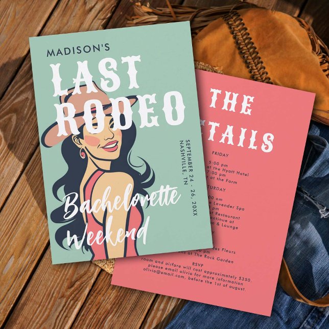 Retro Cowgirl Last Rodeo Glam Rosa Bachelorette Inbjudningar (last rodeo bachelorette weekend invitation itinerary retro vintage elegant glam cowgirl pink black )
