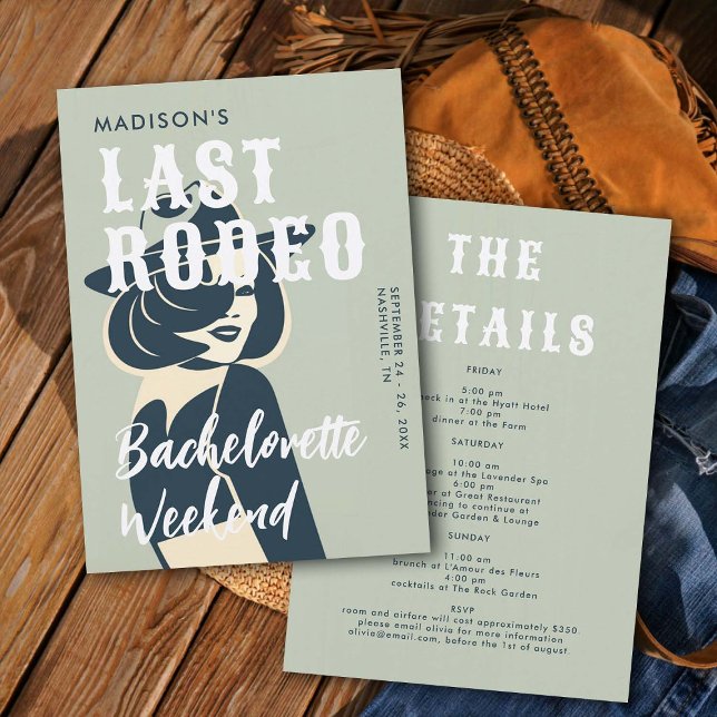 Retro Cowgirl Last Rodeo Glam Sage Bachelorette Inbjudningar (last rodeo bachelorette weekend invitation itinerary retro vintage elegant glam cowgirl sage green)