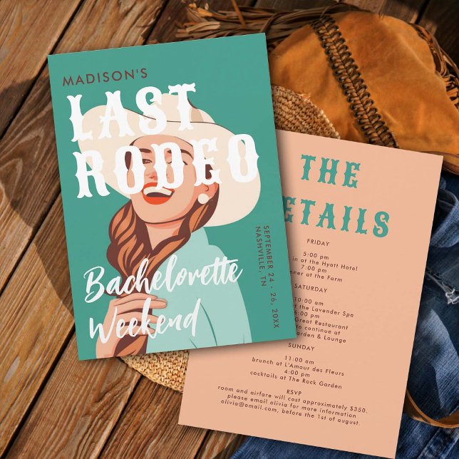 Retro Cowgirl Last Rodeo Itinerary Bachelorette Inbjudningar (last rodeo bachelorette weekend invitation itinerary retro vintage elegant glam cowgirl cowboy west)