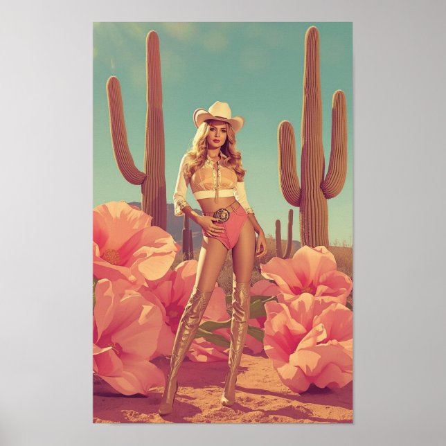 Retro Cowgirl Pin-Up – 1970s Western Desert  Poster (Framsidan)