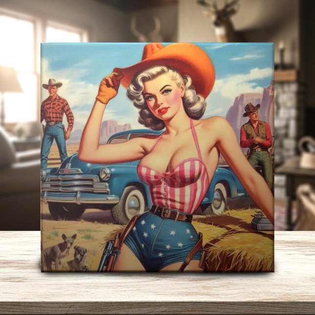 Retro Cowgirl Pin Up Kakelplatta (Skapare uppladdad)