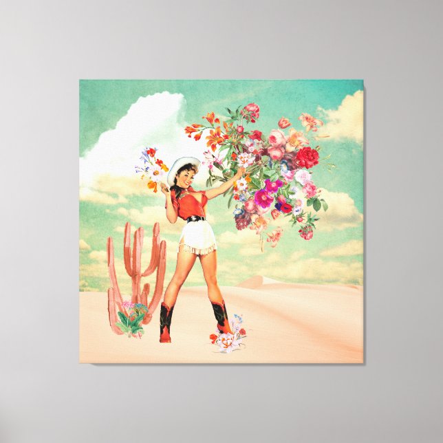 Retro Cowgirl Pinup Bouquet Desert Surreal Collage Canvastryck (Framsida)