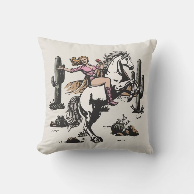 Retro Cowgirl Riding Horse Throw Pillow Kudde (Framsida)