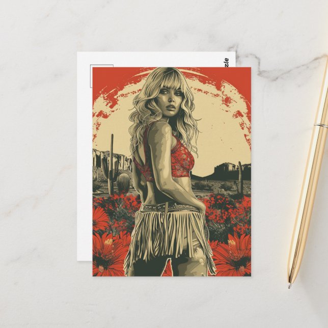 Retro Cowgirl Vykort (Fram/Back In Situ)