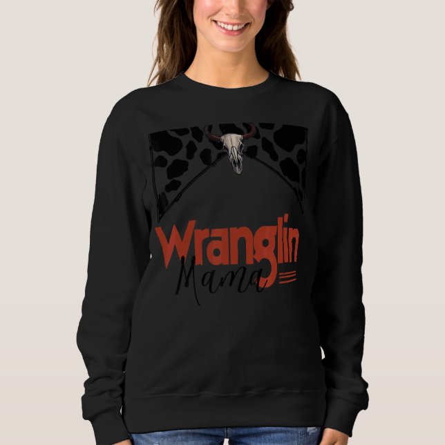 Retro Cowhide Bull Skull Wrangling Mamma Western C T Shirt (Framsida)