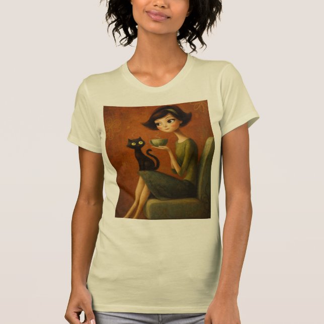 Retro Cozy Morning Black Cat Aesthetic Tee (Framsida)