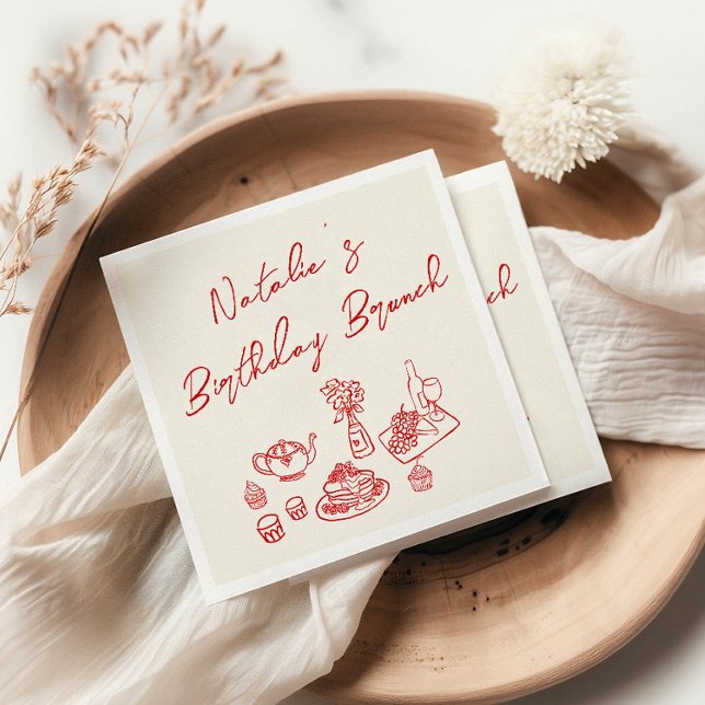 Retro Cream Red Hand plockade Roligt Birthday Brun Pappersservett (Skapare uppladdad)