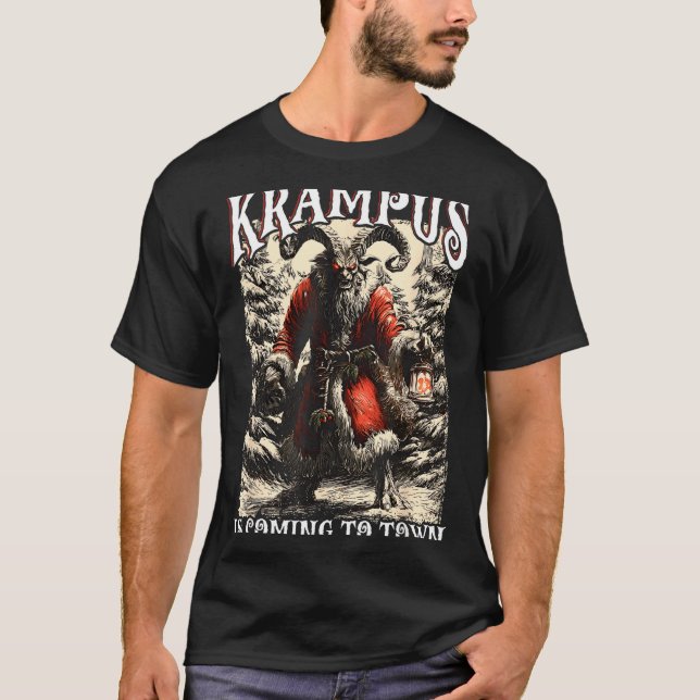 Retro Creepmas Krampus Is Coming To Town Dark Humo T Shirt (Framsida)