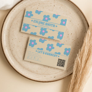 Retro Crème Blå QR-kod Groovy Blommig Boho Unik Visitkort