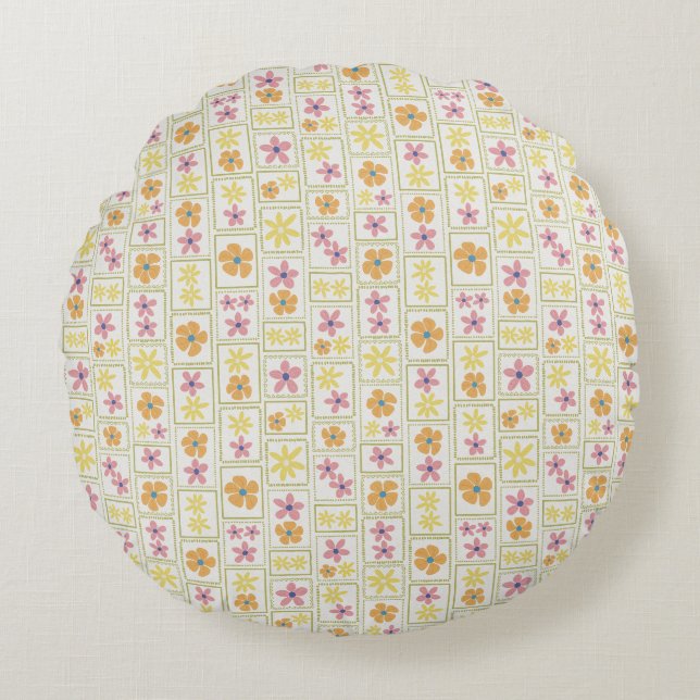 Retro Crème Patchwork Blommig 16"  Rund Kudde (Framsidan)