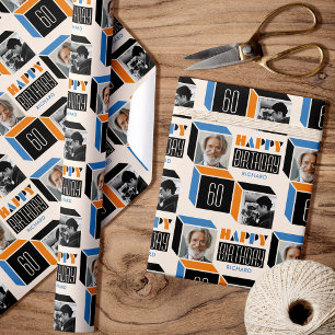 Retro Cube Modern Fotofödelsedag 60:e Orangen blå Presentpapper
