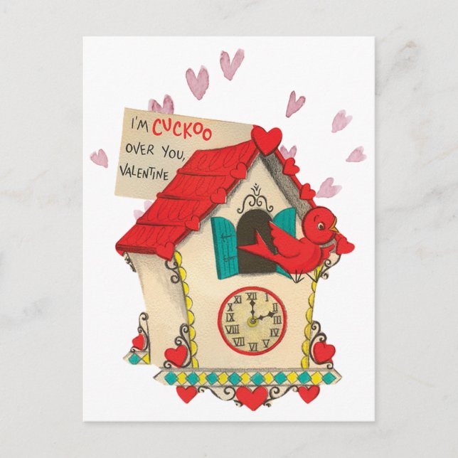 Retro Cuckoo Clock Bird Valentine-vykort Vykort (Framsida)