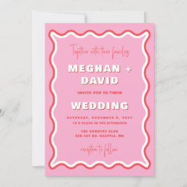 Retro Curve Vågigt Rosa Red Photo Bröllop Inbjudningar