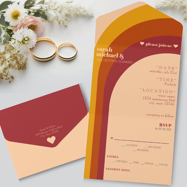 Retro Curved Arch Rand Bröllop (Retro Curved Arch Stripe Wedding All In One Invitation)