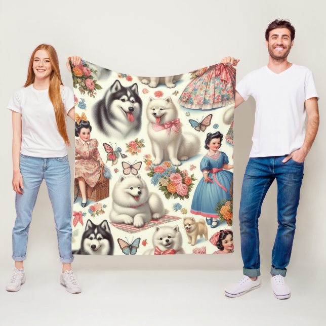 Retro Cute American Eskimo Seamless Fleecefilt (På plats)
