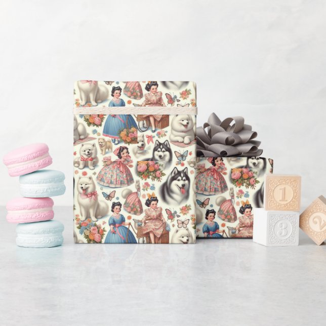 Retro Cute American Eskimo Seamless Presentpapper (Baby Shower)