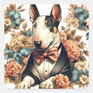 Retro Cute Blommigt Bull Terrier Fyrkantigt Klistermärke
