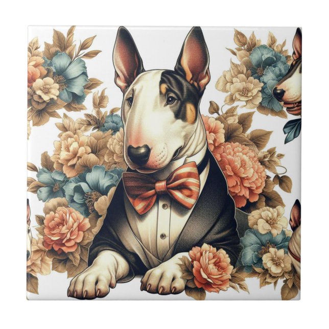 Retro Cute Blommigt Bull Terrier Kakelplatta (Framsidan)