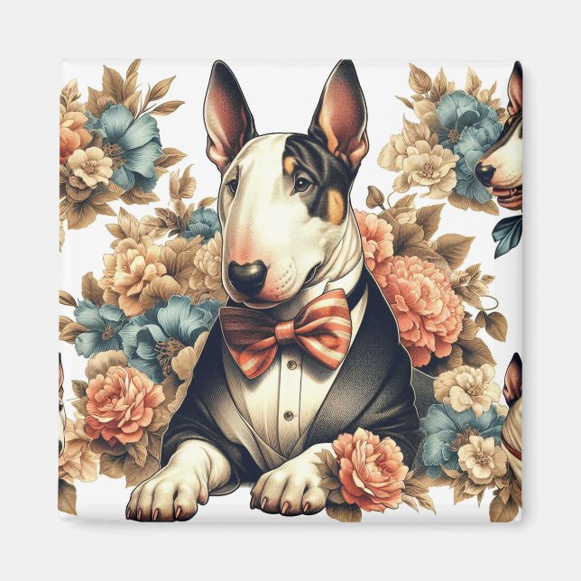 Retro Cute Blommigt Bull Terrier Magnet (Framsidan)