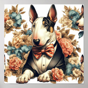 Retro Cute Blommigt Bull Terrier Poster
