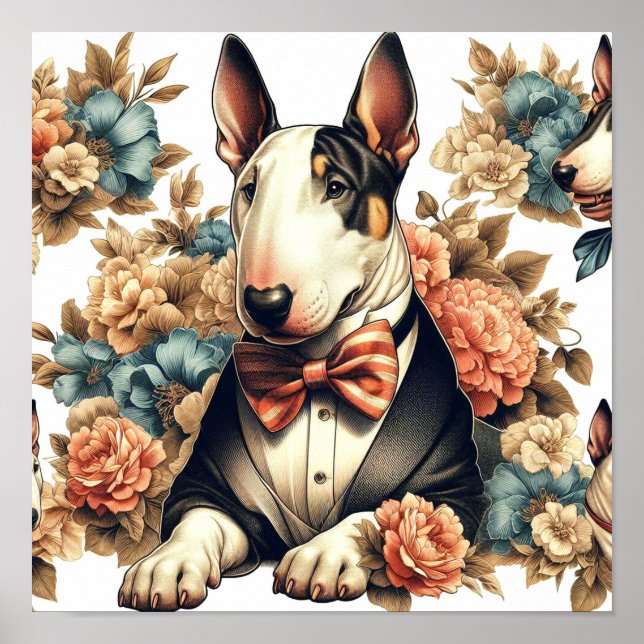 Retro Cute Blommigt Bull Terrier Poster (Framsidan)