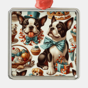 Retro Cute Boston Terrier Illustration Julgransprydnad Metall