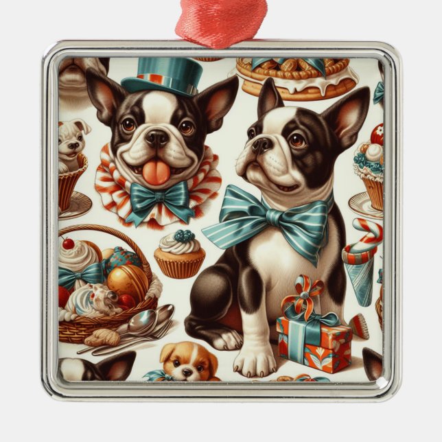 Retro Cute Boston Terrier Illustration Julgransprydnad Metall (Framsidan)