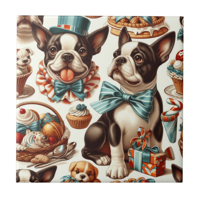 Retro Cute Boston Terrier Illustration Kakelplatta (Framsidan)