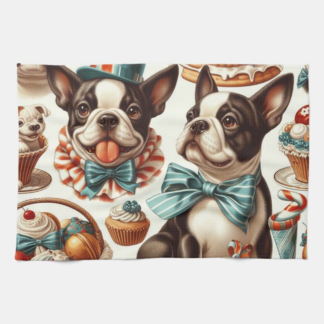 Retro Cute Boston Terrier Illustration Kökshandduk (Horisontell)