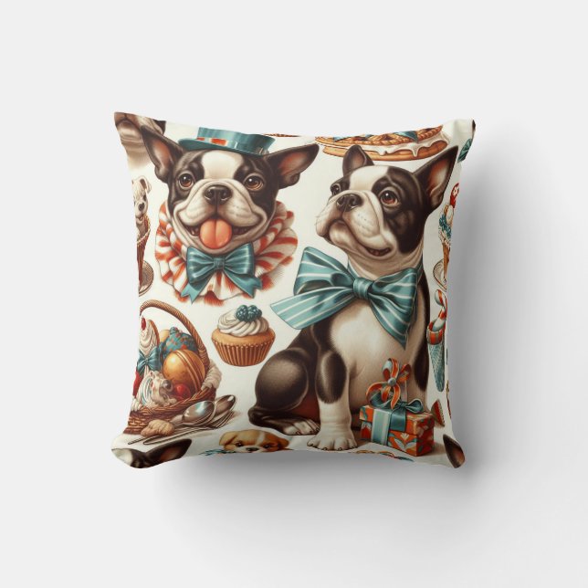 Retro Cute Boston Terrier Illustration Kudde (Framsida)