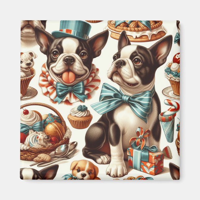Retro Cute Boston Terrier Illustration Magnet (Framsidan)