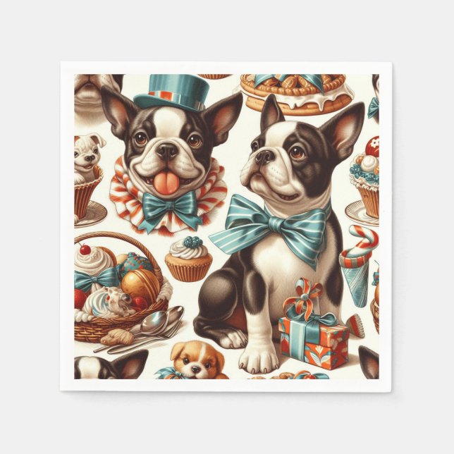 Retro Cute Boston Terrier Illustration Pappersservett (Framsidan)
