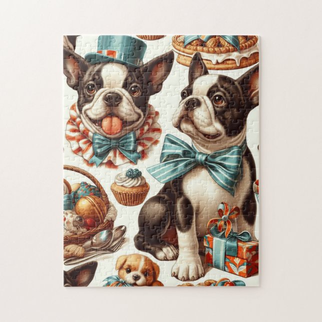 Retro Cute Boston Terrier Illustration Pussel (Vertikal)