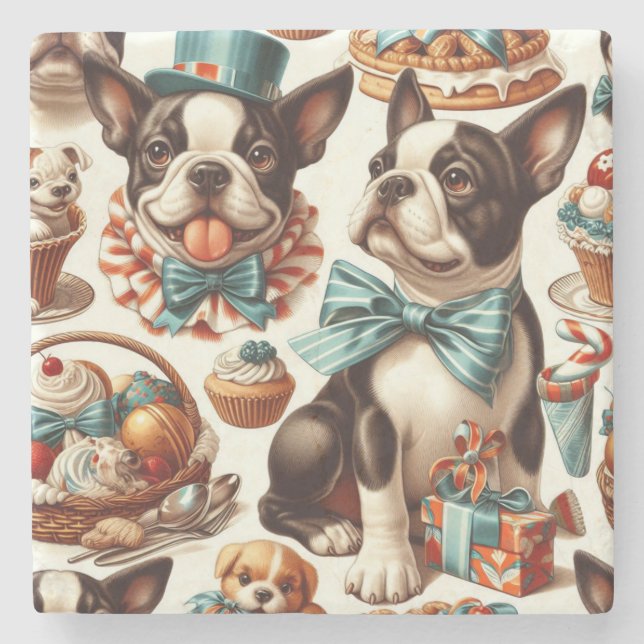 Retro Cute Boston Terrier Illustration Stenunderlägg (Framsidan)