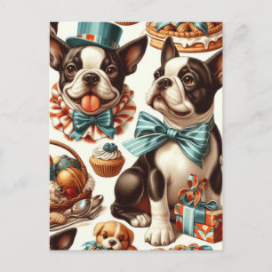 Retro Cute Boston Terrier Illustration Vykort