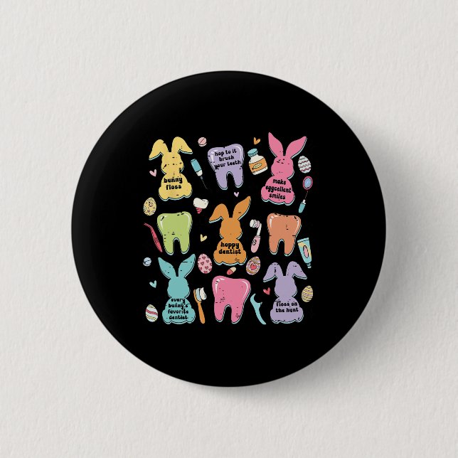 Retro Cute Bunny Teeth Dental Squad Funny Dentist Knapp (Framsida)