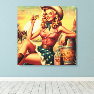Retro Cute Cowgirl Canvastryck
