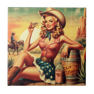 Retro Cute Cowgirl Kakelplatta