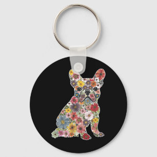 Retro Cute Fransk Bulldog Blommigt Pet Hund Animal Nyckelring