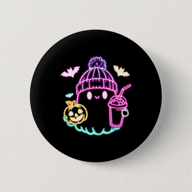 Retro Cute Ghost Coffee Drinking Spooky Halloween Knapp (Framsida)