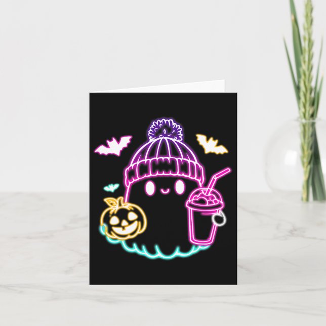 Retro Cute Ghost Coffee Drinking Spooky Halloween Kort (Framsida)