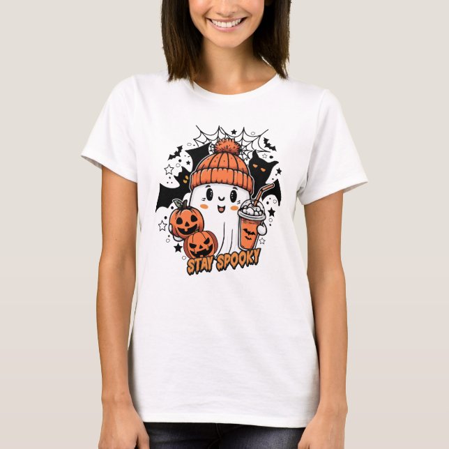 Retro Cute Ghost Coffee Pumpkin Spooky T Shirt (Framsida)