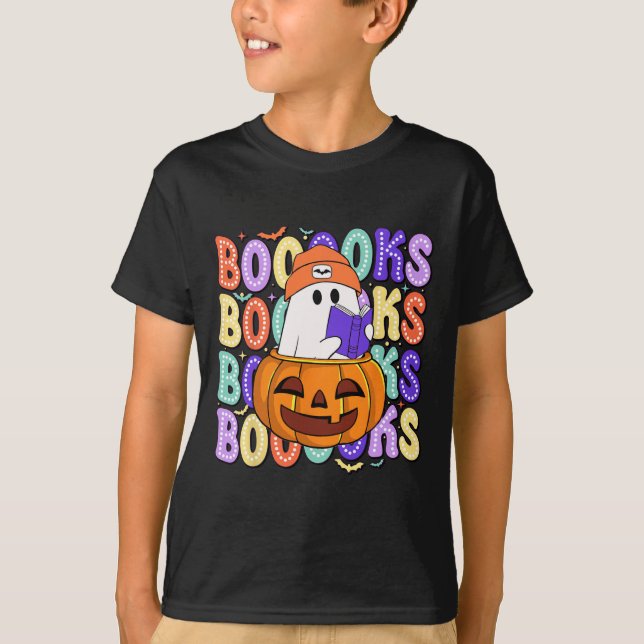 Retro Cute Ghost Teacher Halloween Librarian Read T Shirt (Framsida)